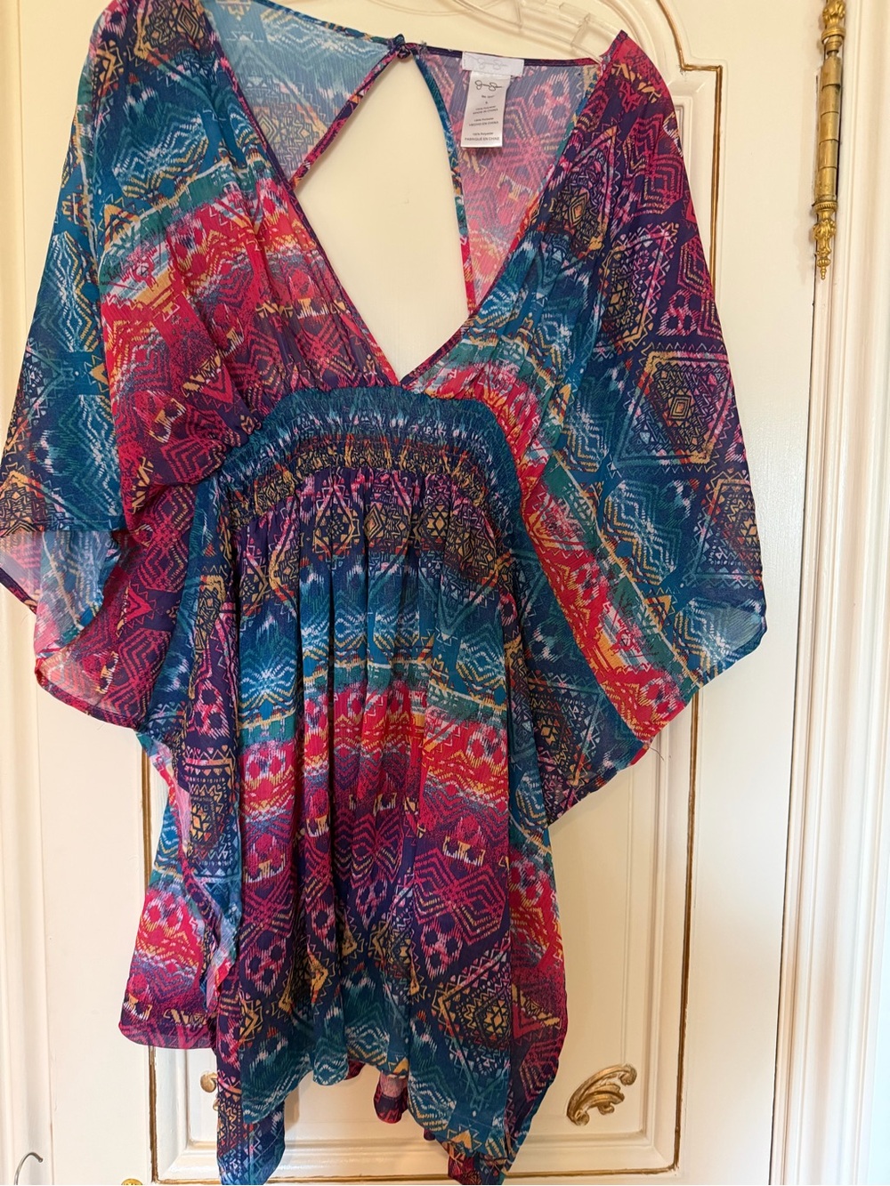 Jessica Simpson colorful  Boho V-Neck Tunic Top - Teal, Magenta & Navy